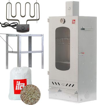 Set Afumătoare combinată pentru carne din tablă zincată cu geam + Element de încălzire + Măsuță auxiliară + Rumeguș pentru afumare
