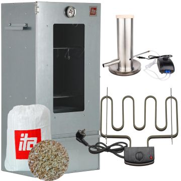 Set Afumătoare pentru carne din tablă zincată cu geam + Element de încălzire + Generator de fum pentru afumare la rece + Rumeguș pentru afumare