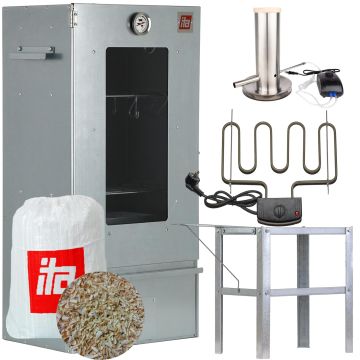 Set Afumătoare pentru carne din tablă zincată cu geam + Element de încălzire + Măsuță auxiliară + Generator de fum pentru afumare la rece + Rumeguș pentru afumare