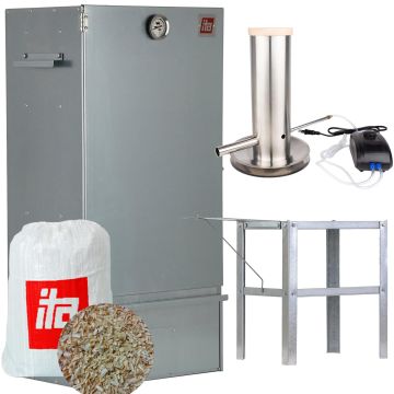 Set Afumătoare pentru carne din tablă zincată + Măsuță auxiliară + Generator de fum pentru afumare la rece + Rumeguș pentru afumare