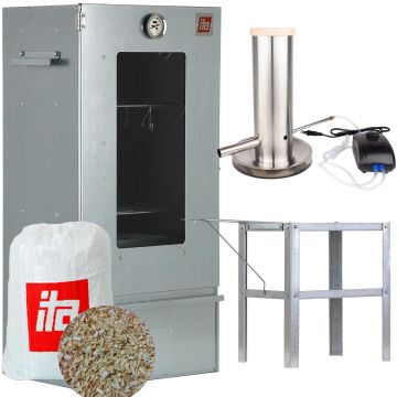 Set Afumătoare pentru carne din oțel inoxidabil cu geam + Măsuță auxiliară + Generator de fum pentru afumare la rece + Rumeguș pentru afumare