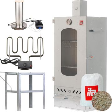Set Afumătoare combinată pentru carne din tablă zincată cu geam + Element de încălzire + Măsuță auxiliară + Generator de fum pentru afumare la rece + Rumeguș pentru afumare