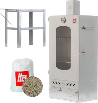 Set Afumătoare combinată pentru carne din tablă zincată cu geam + Măsuță auxiliară + Rumeguș pentru afumare