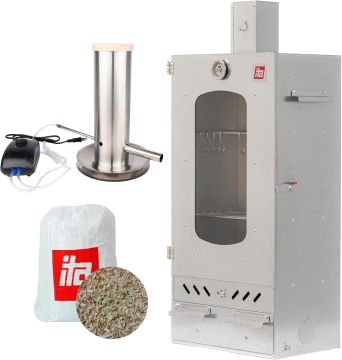 Set Afumătoare combinată pentru carne din tablă zincată cu geam + Generator de fum pentru afumare la rece + Rumeguș pentru afumare