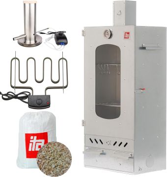 Set Afumătoare combinată pentru carne din tablă zincată cu geam + Element de încălzire + Generator de fum pentru afumare la rece + Rumeguș pentru afumare