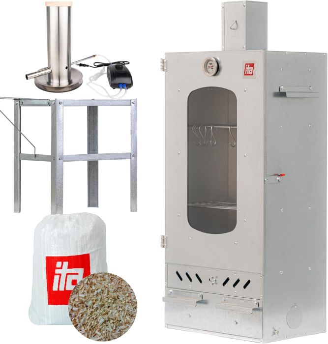 Set Afumătoare combinată pentru carne din tablă zincată cu geam + Generator de fum pentru afumare la rece + Măsuță auxiliară + Rumeguș pentru afumare