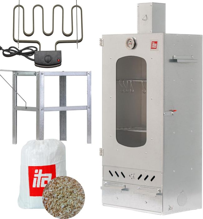 Set Afumătoare combinată pentru carne din tablă zincată cu geam + Element de încălzire + Măsuță auxiliară + Rumeguș pentru afumare