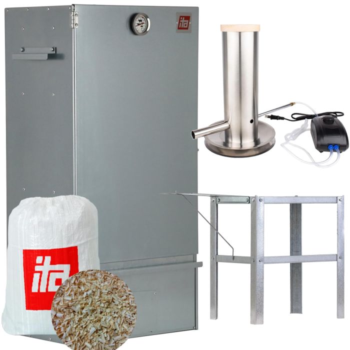 Set Afumătoare pentru carne din tablă zincată + Măsuță auxiliară + Generator de fum pentru afumare la rece + Rumeguș pentru afumare