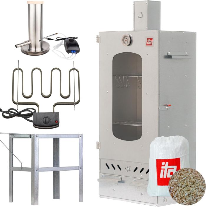 Set Afumătoare combinată pentru carne din tablă zincată cu geam + Element de încălzire + Măsuță auxiliară + Generator de fum pentru afumare la rece + Rumeguș pentru afumare